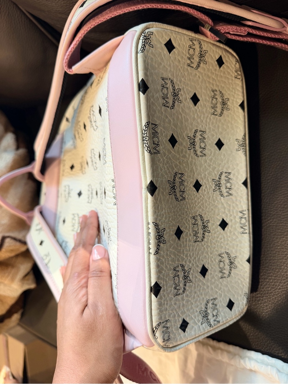 MCM White Backpack with Pink Front Pocket and Strap Accents - Picture 3 of 7